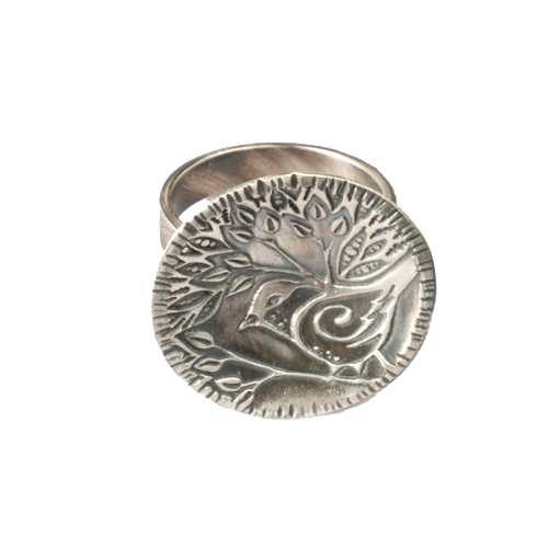 Vickie Hallmark | Chickadee - bird ring, sterling silver, texture from original drawing