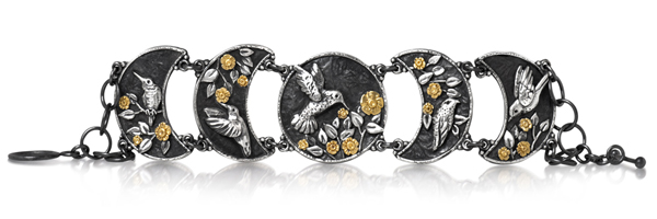 Vickie Hallmark | bird moons - bird bracelet, Argentium sterling silver with fine silver & 22k yellow gold, 